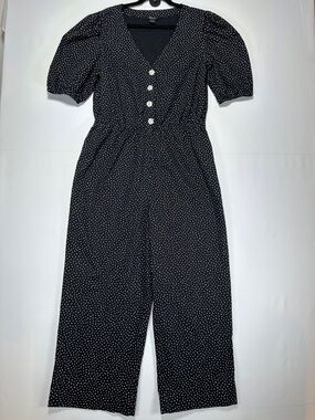 Monki Polka Dot Cotton Jumpsuit Black V-Neck Puff Sleeve Size L
